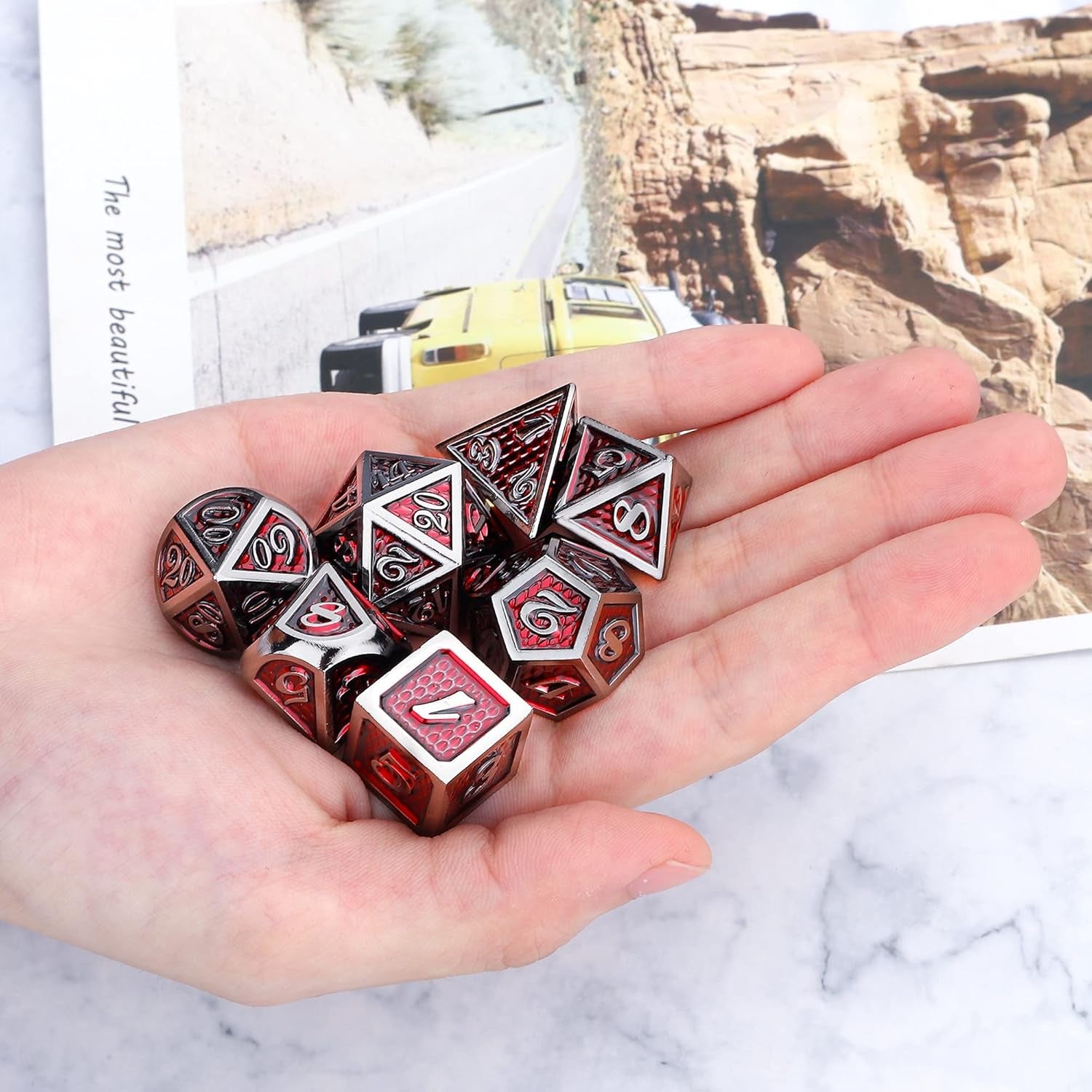 DND Dragon Scale Dice Set of 7 Pcs with Storage Box, Metal D&D Dice Set with Oversized D20 for Tabletop Roleplaying Games, Dungeons and Dragons, DND, D&D(Red Dragon Scale)