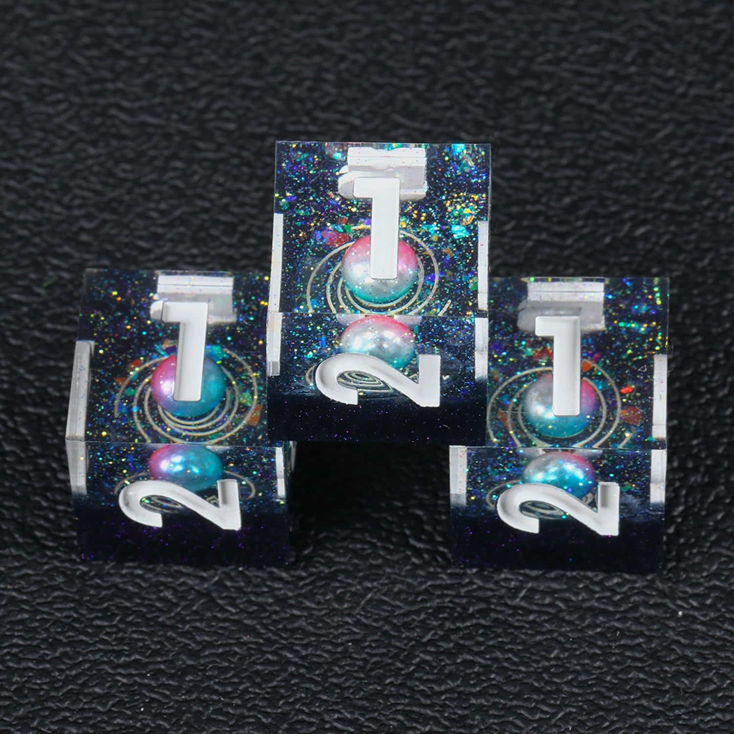 DND Galaxy Dice Set Handmade Planets Supended in Galactic Swirls for RPG and Table Games