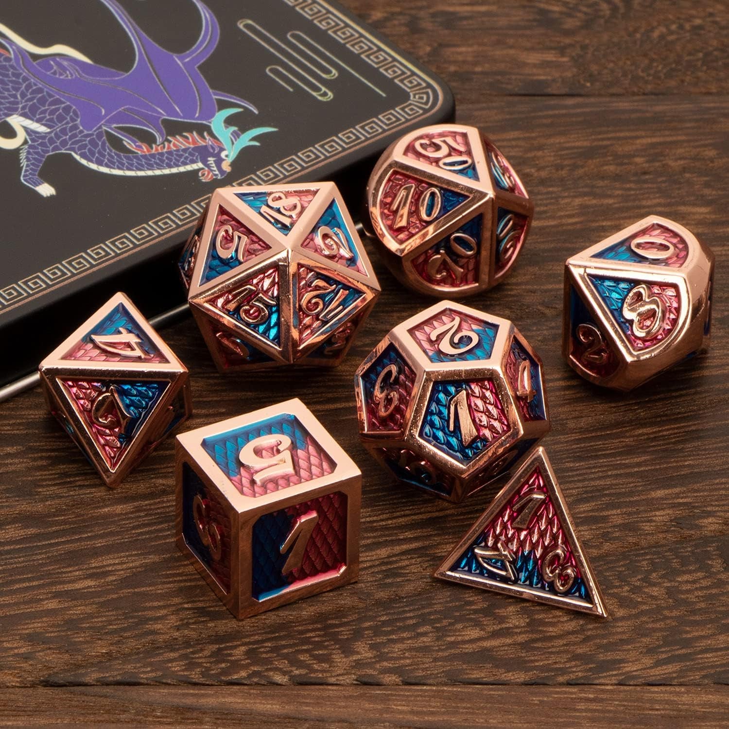 Metal DND Dice Set with Gift Box,  7 Pcs D&D Dice Set for Dungeons and Dragons, Blue with Red Polyhedral Dice Set, Role Playing Gaming D+D RPG D and D Dice Set D20 D12 D10 D8 D6 D4