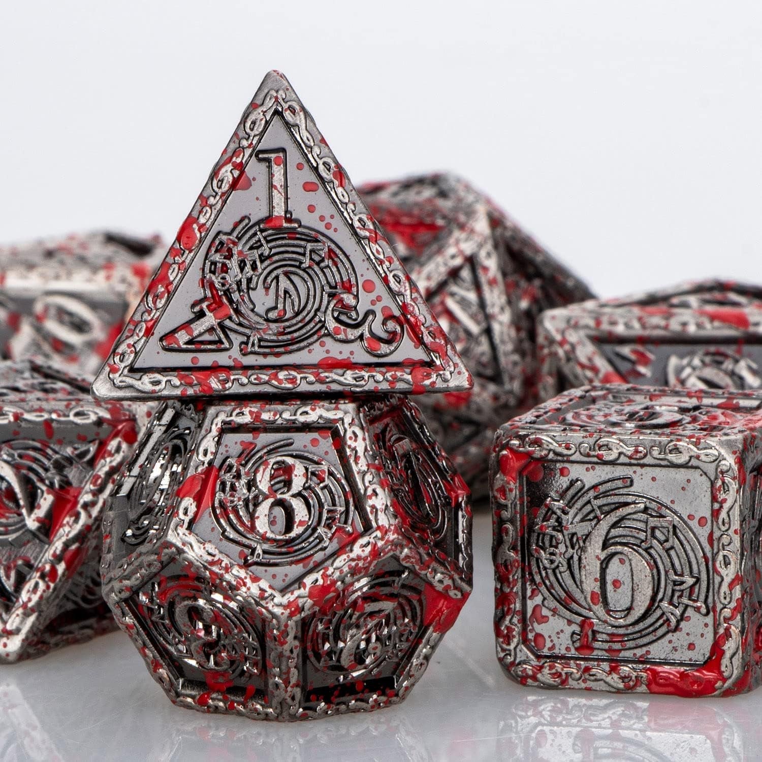 DND Music Metal Dice Set with Gift Box, Dungeons and Dragons Polyhedral Dice Blood 6 Sided D&D Dice RPG Role Playing Games 7PCS D and D Dice Set D20 D12 D10 D8 D6 D4