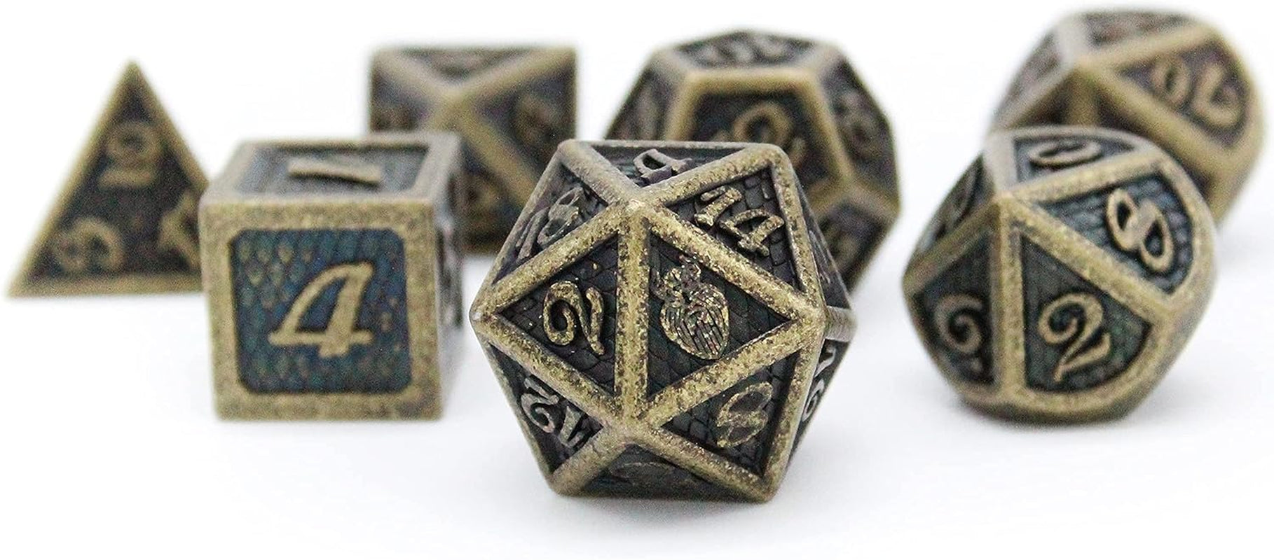 Metal DND Dice Set 7 Pcs - Dragonhide Design, 16Mm Size, Logo on D20; Metal Dice Set & Dice Box; D&D Dice Set D&D (Dungeons and Dragons Dice Set) - Jormungandr Series (Myst Drake)