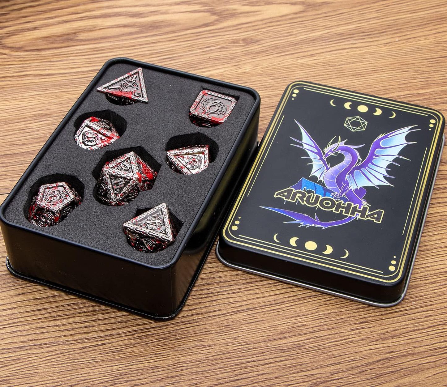 DND Music Metal Dice Set with Gift Box, Dungeons and Dragons Polyhedral Dice Blood 6 Sided D&D Dice RPG Role Playing Games 7PCS D and D Dice Set D20 D12 D10 D8 D6 D4