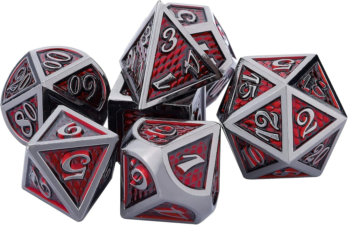 DND Dragon Scale Dice Set of 7 Pcs with Storage Box, Metal D&D Dice Set with Oversized D20 for Tabletop Roleplaying Games, Dungeons and Dragons, DND, D&D(Red Dragon Scale)