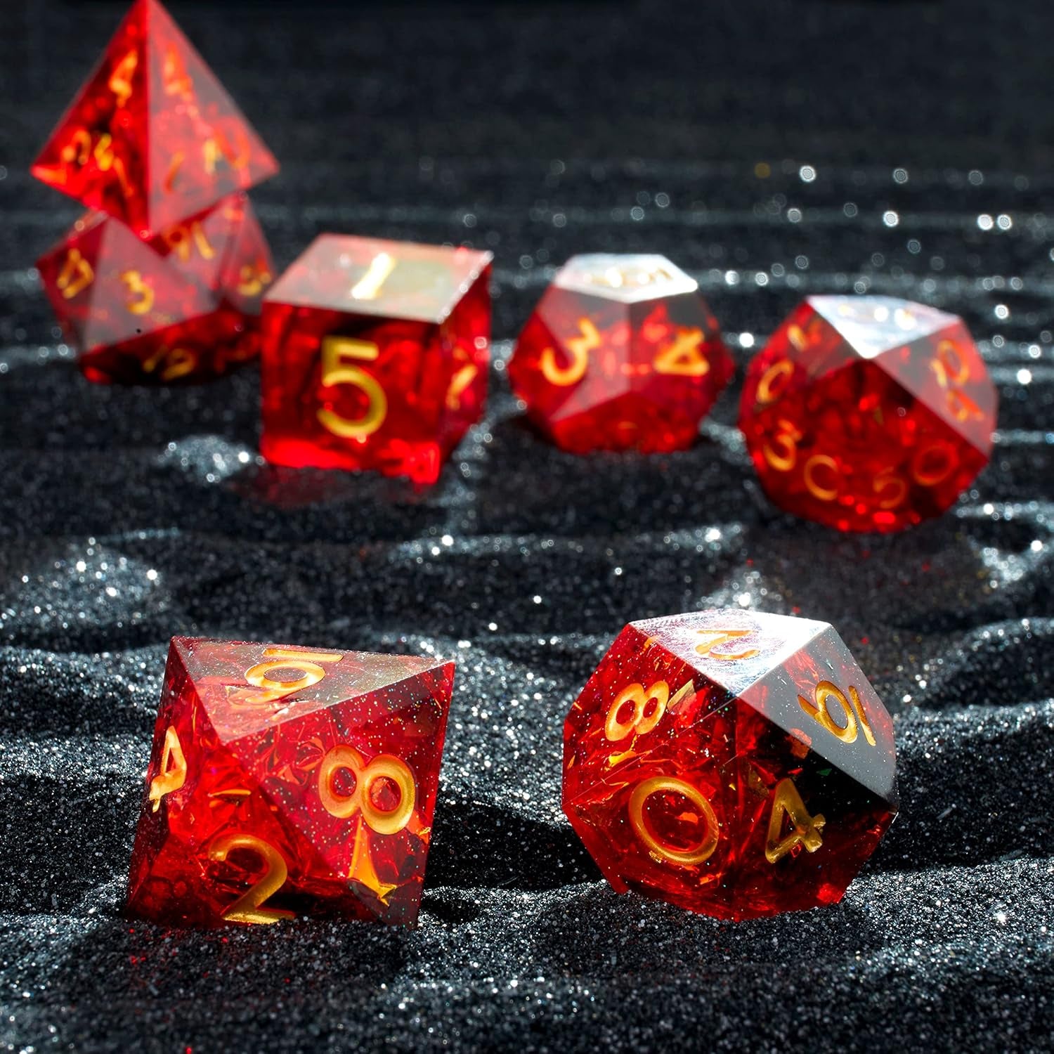 DND Dice Set Resin Sharp Edge DND Dice Set, Suitable for DND D&D Dungeons and Dragons Polyhedral RPG Dice Handmade（Transparent Red）