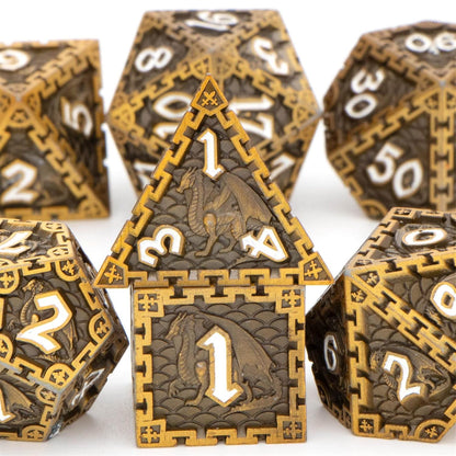 SELPONT D&D Dice Set, RUNFNG Dungeon Dragon Dice Metal Dice Set, 7Pcs D and D Polyhedral Dice Set with Gift Box, Ancient Gold Rolling RPG Dice Set for Role Playing Game D20 D12 D10 D8 D6 D4