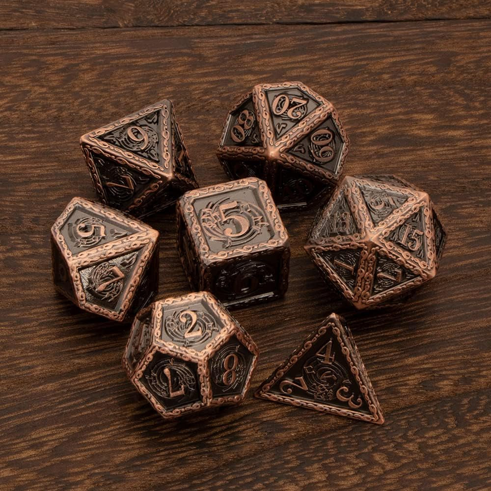 Metal DND Dice Set Dungeons and Dragons,  D + D D&D Dice Set for RPG Role Playing Dice Game, D and D Polyhedral Dice Set D20 D12 D10 D8 D6 D4 for Pathfinder with Gift Box (Ancient Copper)