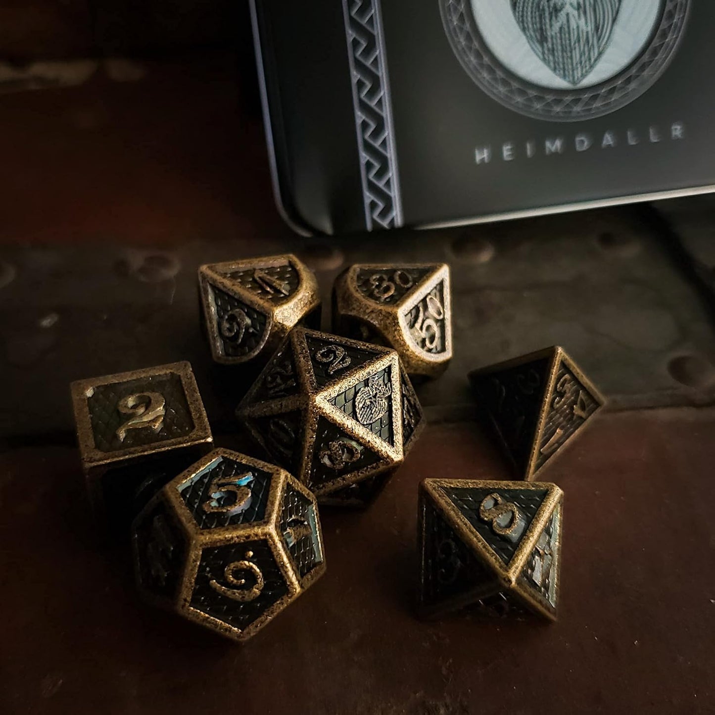 Metal DND Dice Set 7 Pcs - Dragonhide Design, 16Mm Size, Logo on D20; Metal Dice Set & Dice Box; D&D Dice Set D&D (Dungeons and Dragons Dice Set) - Jormungandr Series (Myst Drake)