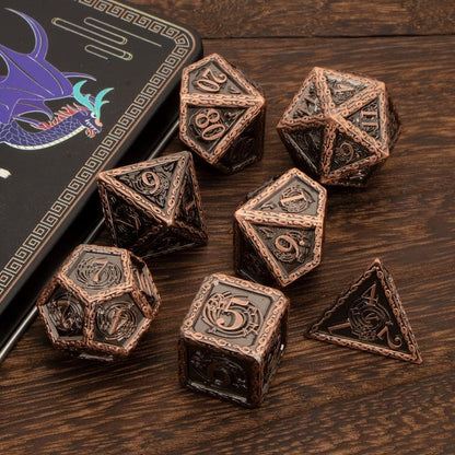 Metal DND Dice Set Dungeons and Dragons,  D + D D&D Dice Set for RPG Role Playing Dice Game, D and D Polyhedral Dice Set D20 D12 D10 D8 D6 D4 for Pathfinder with Gift Box (Ancient Copper)