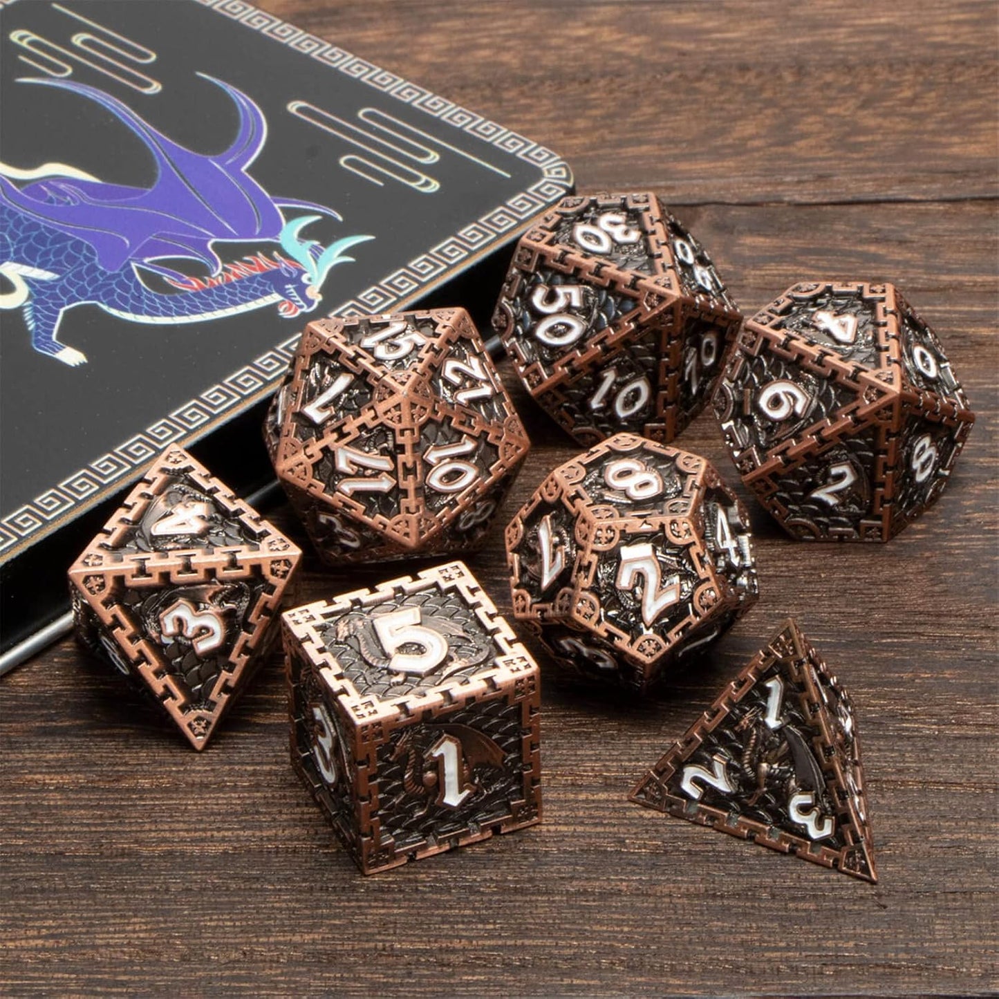 Metal DND Dice Set with Gift Box, RUNFNG 7 Pcs Polyhedral Dice Set for Dungeons and Dragons Role Playing Dice, Blood Spattered D&D Dice Set, D+D RPG Gaming D and D Dice D20 D12 D10 D8 D6 D4