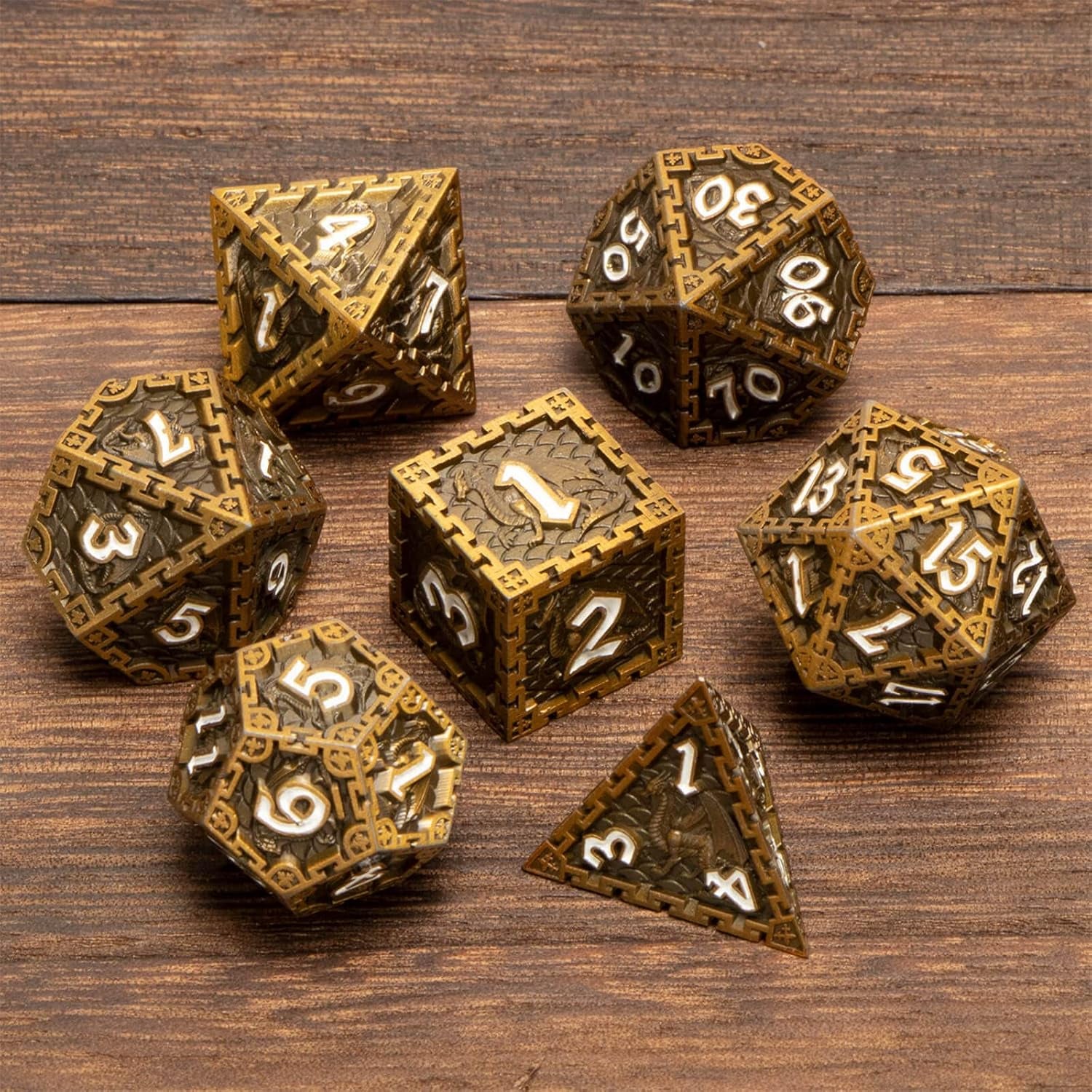 SELPONT D&D Dice Set, RUNFNG Dungeon Dragon Dice Metal Dice Set, 7Pcs D and D Polyhedral Dice Set with Gift Box, Ancient Gold Rolling RPG Dice Set for Role Playing Game D20 D12 D10 D8 D6 D4