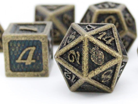 Metal DND Dice Set 7 Pcs - Dragonhide Design, 16Mm Size, Logo on D20; Metal Dice Set & Dice Box; D&D Dice Set D&D (Dungeons and Dragons Dice Set) - Jormungandr Series (Myst Drake)