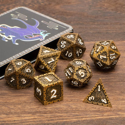 SELPONT D&D Dice Set, RUNFNG Dungeon Dragon Dice Metal Dice Set, 7Pcs D and D Polyhedral Dice Set with Gift Box, Ancient Gold Rolling RPG Dice Set for Role Playing Game D20 D12 D10 D8 D6 D4