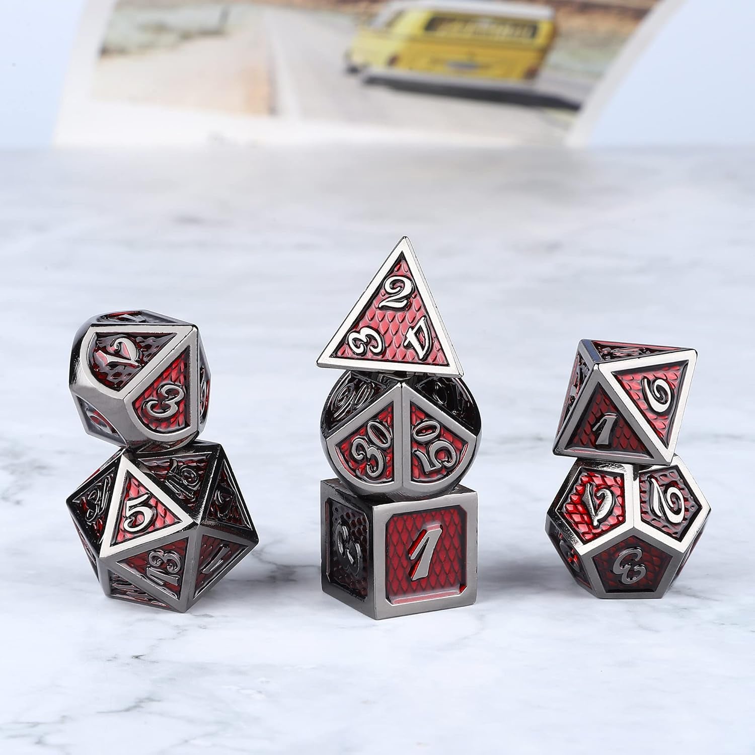 DND Dragon Scale Dice Set of 7 Pcs with Storage Box, Metal D&D Dice Set with Oversized D20 for Tabletop Roleplaying Games, Dungeons and Dragons, DND, D&D(Red Dragon Scale)