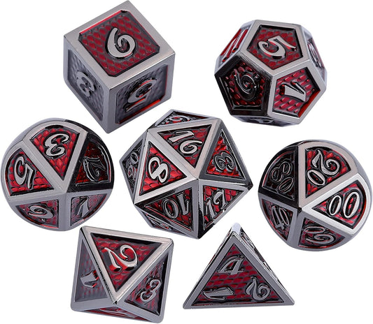 DND Dragon Scale Dice Set of 7 Pcs with Storage Box, Metal D&D Dice Set with Oversized D20 for Tabletop Roleplaying Games, Dungeons and Dragons, DND, D&D(Red Dragon Scale)