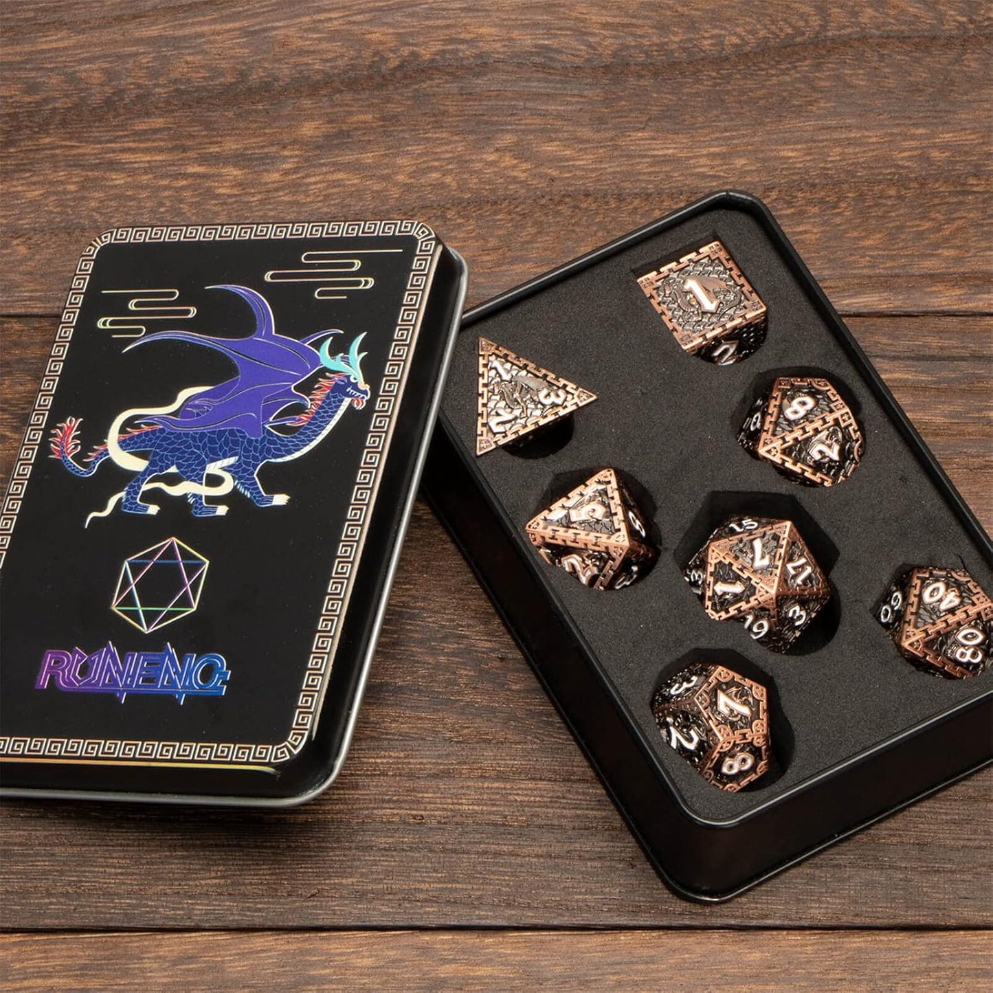 Metal DND Dice Set with Gift Box, RUNFNG 7 Pcs Polyhedral Dice Set for Dungeons and Dragons Role Playing Dice, Blood Spattered D&D Dice Set, D+D RPG Gaming D and D Dice D20 D12 D10 D8 D6 D4