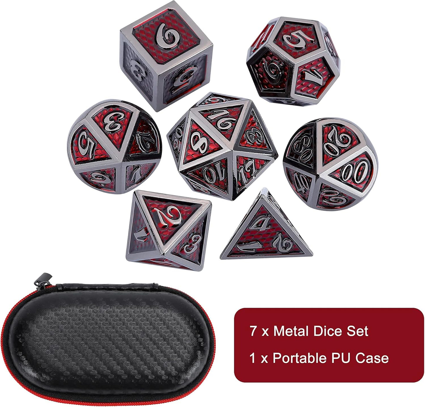 DND Dragon Scale Dice Set of 7 Pcs with Storage Box, Metal D&D Dice Set with Oversized D20 for Tabletop Roleplaying Games, Dungeons and Dragons, DND, D&D(Red Dragon Scale)