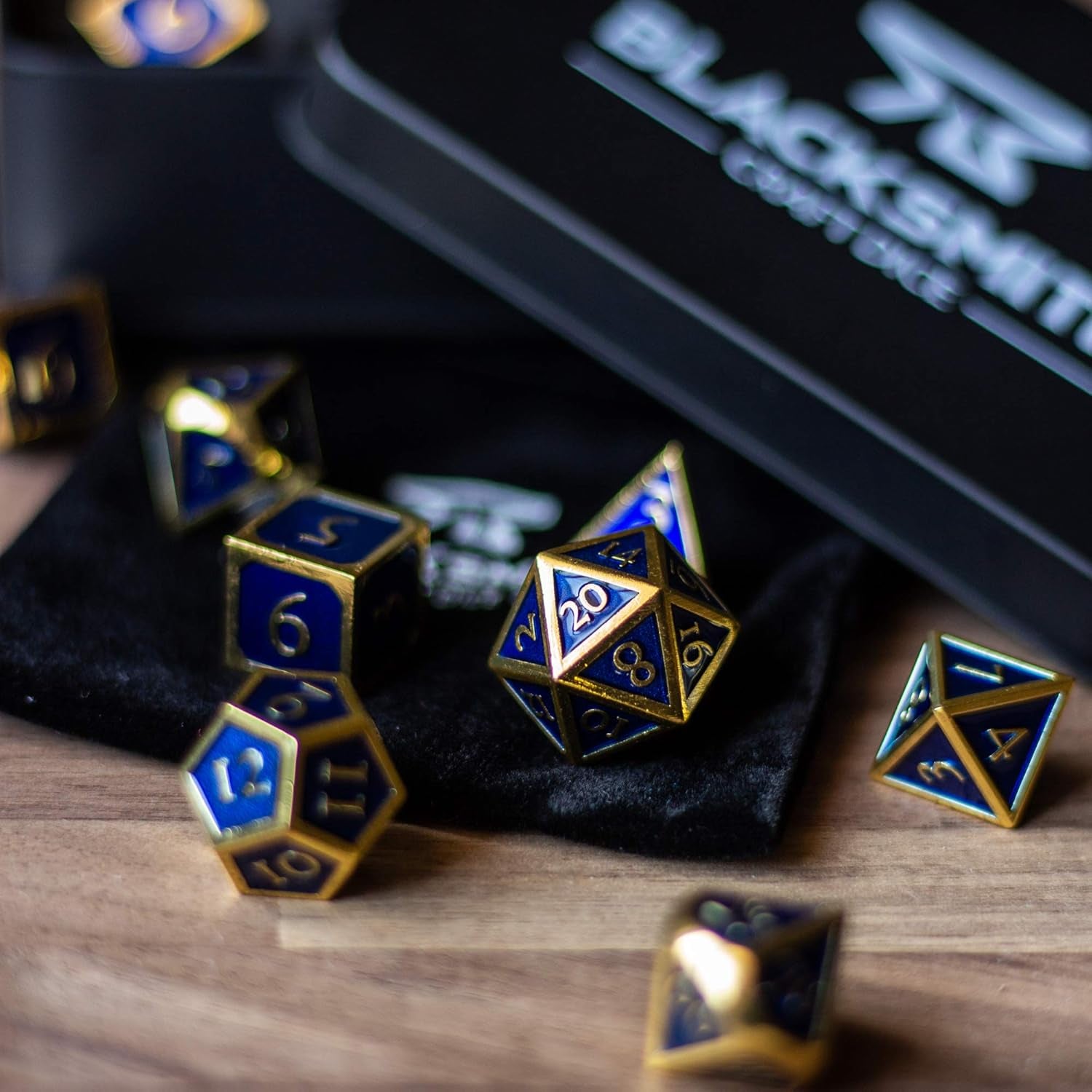 Metal D&D Dice Set 9 Pcs - 2 Extra D6S, Metal Dice Box & Velvet Dice Bag; Metal DND Dice Set D&D (Dungeons and Dragons Dice Set) W D20 Dice - Blacksmith Craft Dice (Lapis Lazuli)