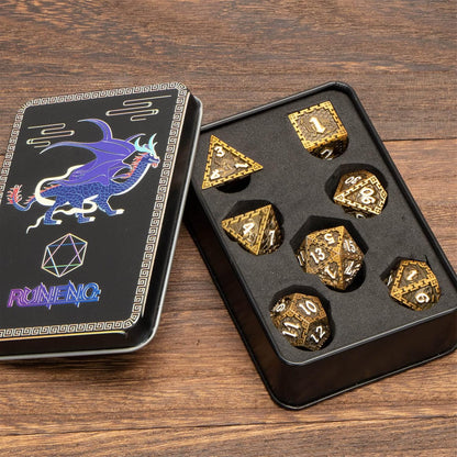 SELPONT D&D Dice Set, RUNFNG Dungeon Dragon Dice Metal Dice Set, 7Pcs D and D Polyhedral Dice Set with Gift Box, Ancient Gold Rolling RPG Dice Set for Role Playing Game D20 D12 D10 D8 D6 D4