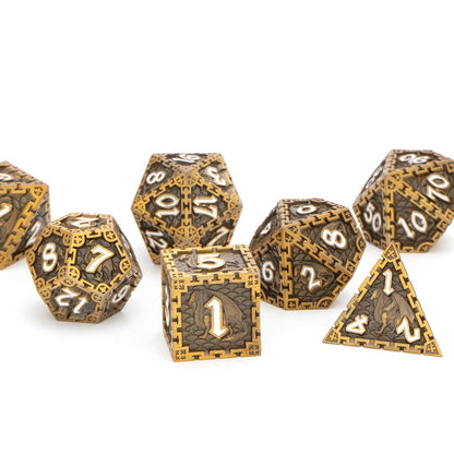 SELPONT D&D Dice Set, RUNFNG Dungeon Dragon Dice Metal Dice Set, 7Pcs D and D Polyhedral Dice Set with Gift Box, Ancient Gold Rolling RPG Dice Set for Role Playing Game D20 D12 D10 D8 D6 D4