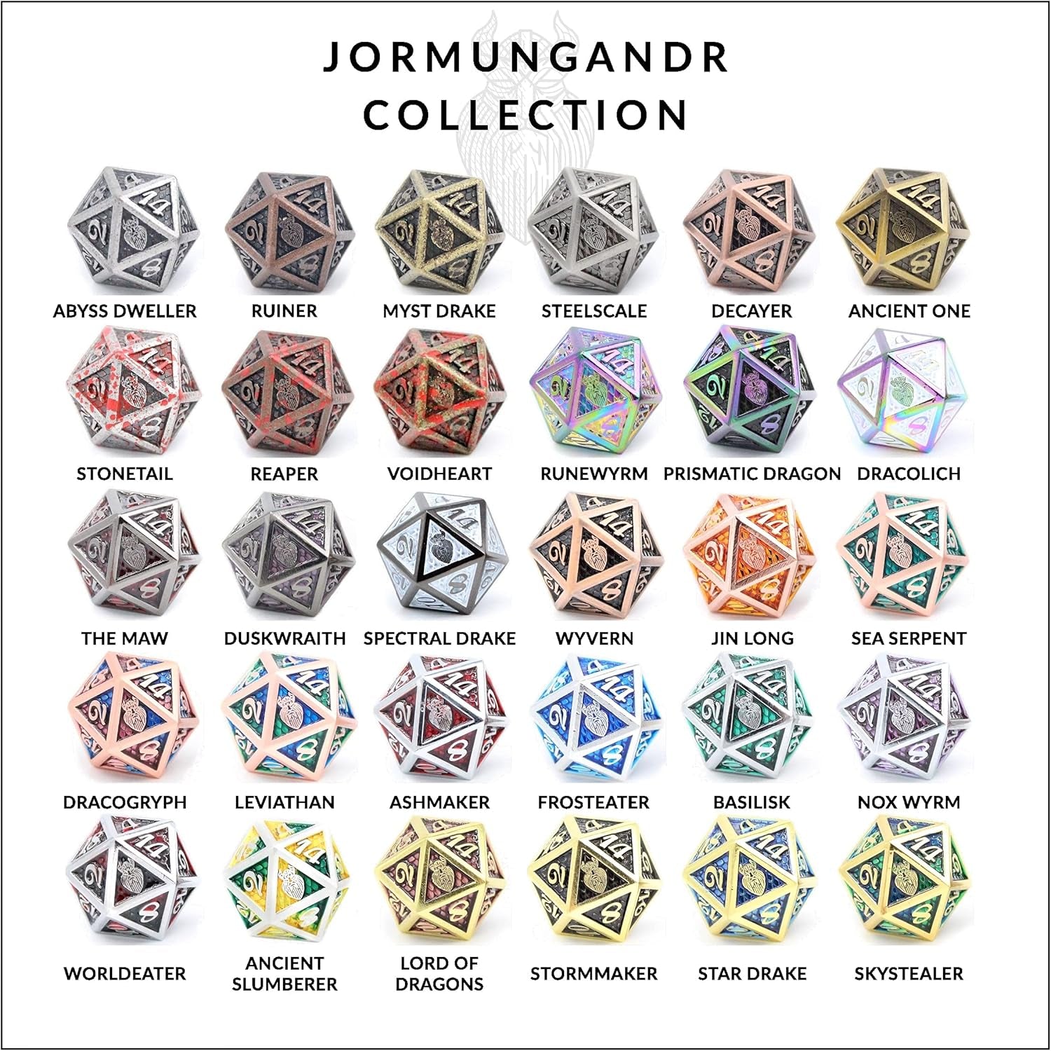 Metal DND Dice Set 7 Pcs - Dragonhide Design, 16Mm Size, Logo on D20; Metal Dice Set & Dice Box; D&D Dice Set D&D (Dungeons and Dragons Dice Set) - Jormungandr Series (Myst Drake)